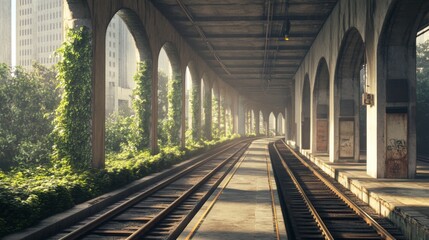 Obraz premium Urban decay Sunlit train tracks under overgrown archway