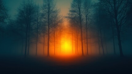 Naklejka premium Mysterious Sunset Glowing Through the Foggy Forest at Dusk. Generative AI