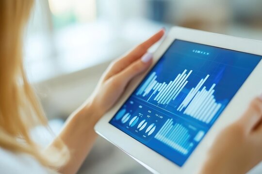 Close-up of a businesswoman analyzing a digital tablet screen showing graphs and financial data, symbolizing strategic decision-making. Concept of business analysis and growth