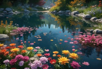 Serene pond scene with vibrant flowers floating on water's surface, garden, greenery