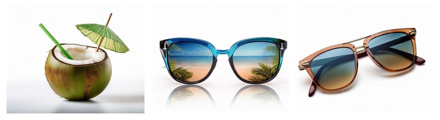 Tropical vacation scene featuring a coconut drink and two stylish sunglasses reflecting a beach view.  The perfect summer accessories.