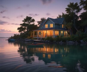 Obraz premium Serene waters and a beautiful cedar key cottage with kayaks as day transitions to night, calmness, cozy cottage