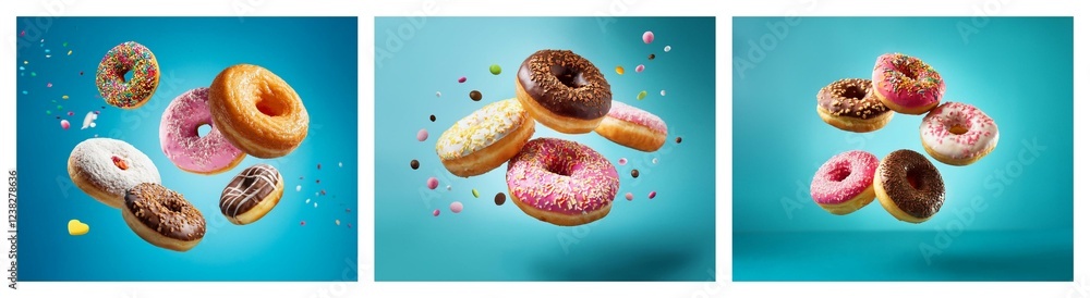 Poster a vibrant image showcases assorted donuts in mid-air against a teal backdrop, sprinkled with colorfu