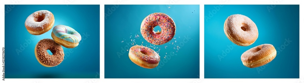 Aufkleber Three images showcase various donuts suspended mid-air against a vibrant blue backdrop.  The donuts are glazed in different colors and styles, creating a dynamic and appetizing visual.