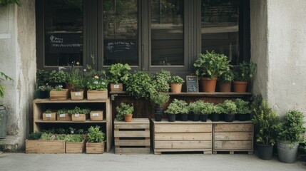 Fototapeta premium Urban herb shop storefront, plants, crates, city background, for website
