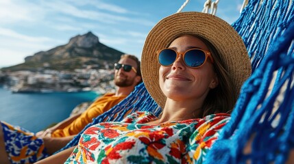 A couple relaxing in hammocks with scenic views, enjoying a sunny day.