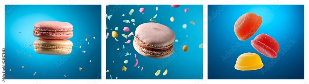 Poster Sweet treats float against a vibrant blue backdrop.  Macarons and colorful gummies defy gravity, creating a playful, appetizing scene.
