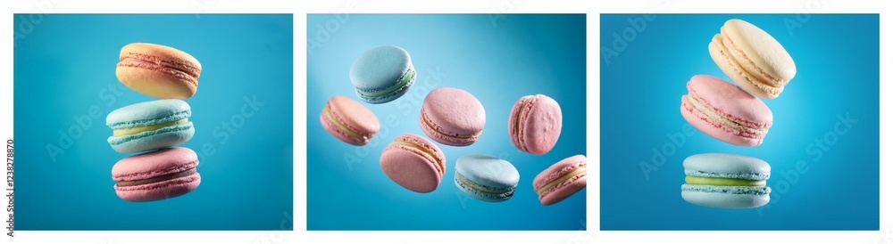 Poster pastel-colored macarons float and stack against a vibrant blue backdrop, showcasing their delicate t