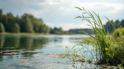 Shallow depth of field with blurred background of aquatic plants in a body of water, botanicals, serene