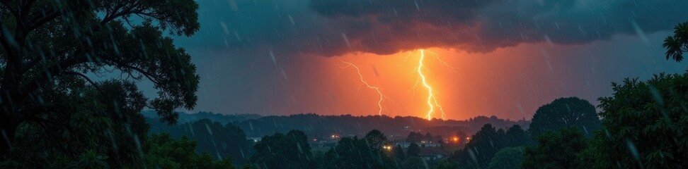 Heavy rain and thunderstorm on a warm summer evening, gloomy, darkening, stormy