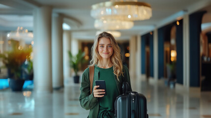 a happy european young blond woman arriving in hotel reception with green clothe holding smartphone
