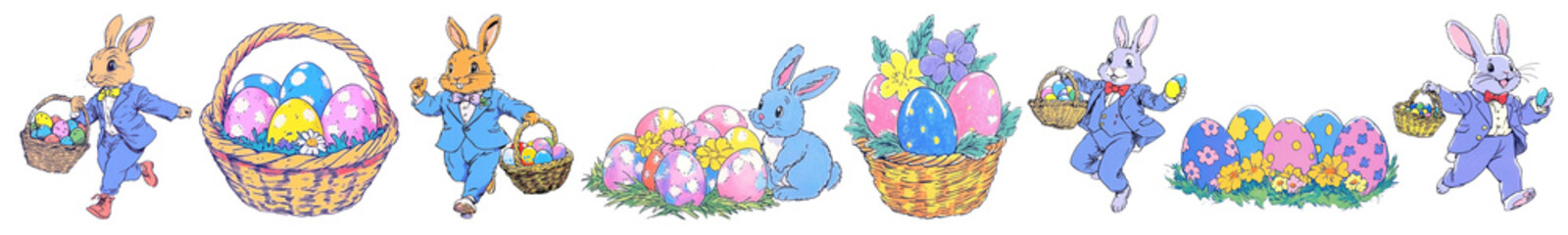 PNG Colorful bunnies with Easter eggs set, isolated on transparent background