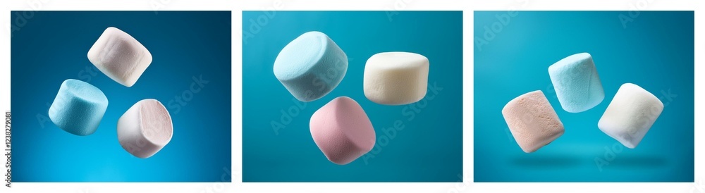 Poster three sets of pastel-colored marshmallows float against a vibrant blue backdrop. a delightful confec