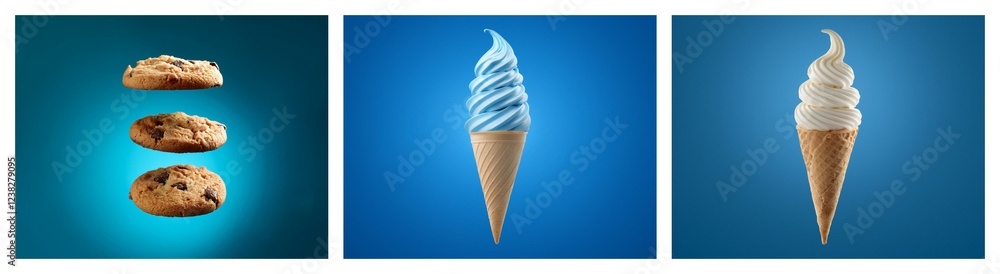 Poster three images showcase delectable treats: chocolate chip cookies and ice cream cones in soft serve sw