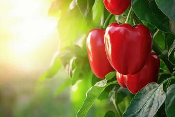 Red bell peppers hanging on the tree, close-up, green leaves, sunny day