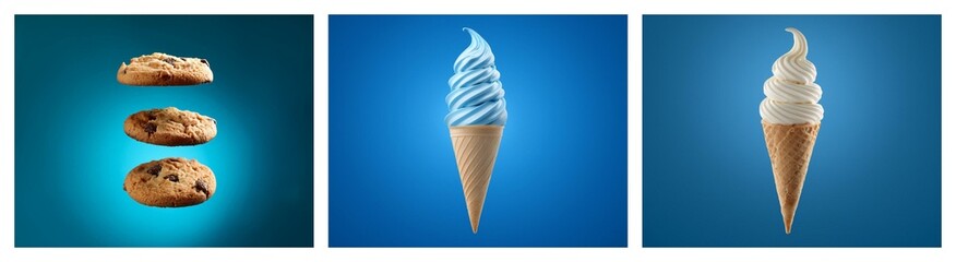 Three images showcase delectable treats:  chocolate chip cookies and ice cream cones in soft serve swirls, one blue and one white, on a blue backdrop.