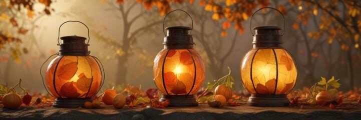 Nature-inspired lanterns in autumnal hues featuring round gourd-like physalis, abstract, inspired, nature