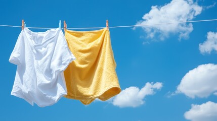 Clothes drying on a line against a bright blue sky with fluffy clouds.
