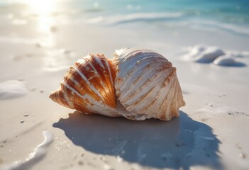 Shimmering seashell resting on pristine surface, white surface, elegant