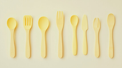 A row of yellow utensils including spoons, forks, and knives