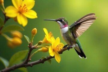 Naklejka premium hummingbird on a branch of a blooming tree with yellow flowers, butterflies, insects
