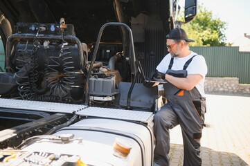 Truck repair service. Mechanic makes computer diagnostic of the semitruck