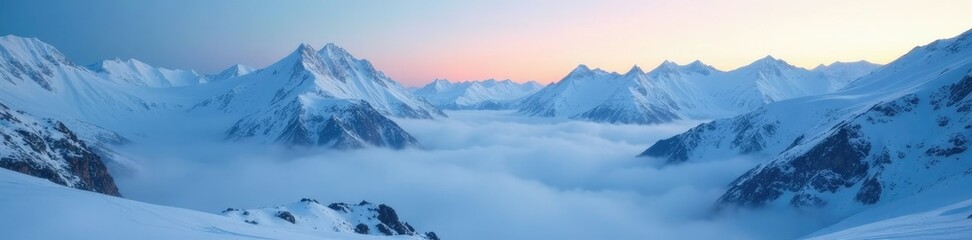 Icy blue mist surrounds snow-covered mountains at dawn, snowcovered, mist