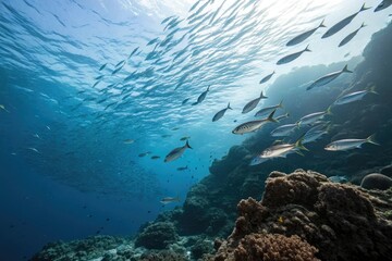 Fototapeta premium Ocean currents with schools of fish, coral reef, schools of fish, ocean currents, marine life
