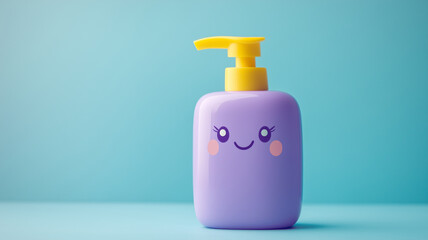 A cartoon soap bottle with a smiling face on it
