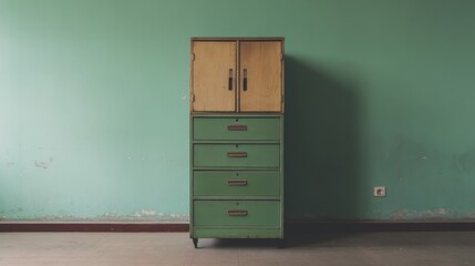 Vintage green cabinet against a teal wall in an empty room.