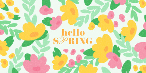 Hello Spring vector banner. Horizontal card for decoration spring events, Mother's Day, Easter. Beautiful spring pattern with abstract flowers and plants. Concept of trendy spring cover.