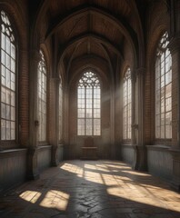 Fototapeta premium Old church with numerous windows and shutters, wooden shutters, stained glass windows, stone walls