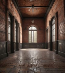 Fototapeta premium old building interior with a tile floor and brick accent walls, brick accent walls, old building decor
