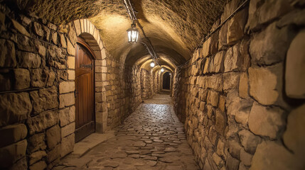 Show a light house cobble stone cellar with creepy theme and horror