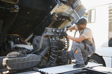 Professional truck mechanic working in vehicle repair service