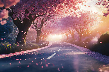 Serene Cherry Blossom Path at Sunrise