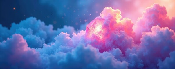 Iridescent clouds of blue and pink rise from a glowing crystal, shimmering, ethereal, foggy