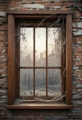 Old wooden window with tangled cobwebs and grime , rustic, aged, cobwebs
