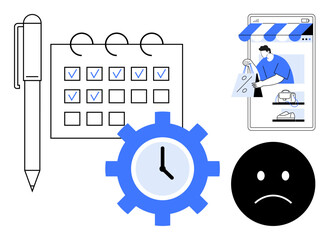 Pen, calendar with check marks, clock cogwheel, mobile shopping app, sad face. Ideal for productivity, scheduling, online shopping, efficiency organization task management customer satisfaction