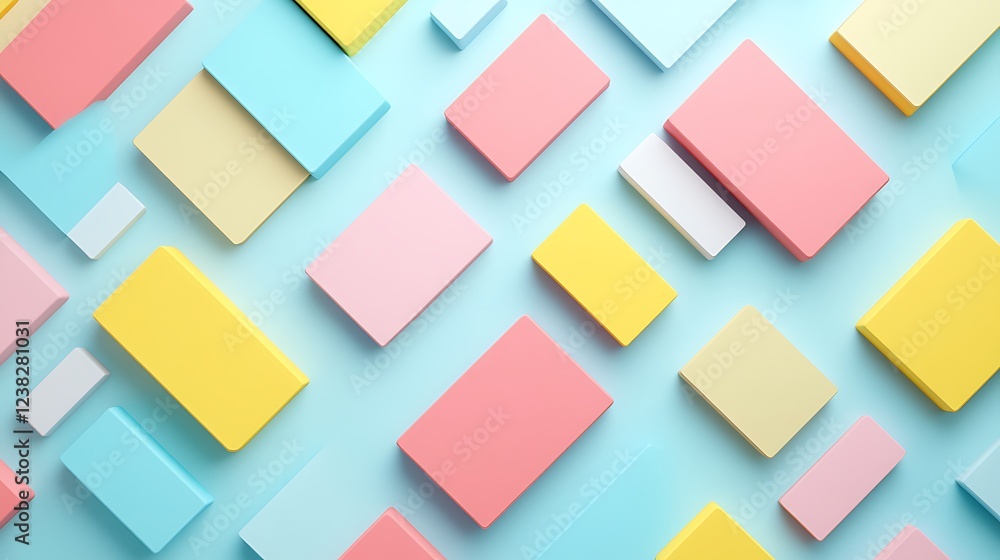 Poster colorful geometric shapes and blocks arranged in a creative pattern on a soft blue background