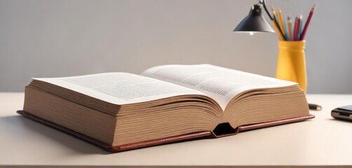 Naklejka premium Opened book on a desk isolated on white background, clean, isolation