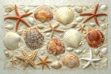 Collection of seashells and starfish on a sandy beige surface for a beach-inspired design