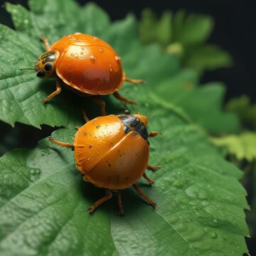 Orange and golden tortoise beetle on leaf surface , aspidimorpha miliaris golden tortoise beetle leaf surface insects orange bugs breeding season, golden tortoise beetle