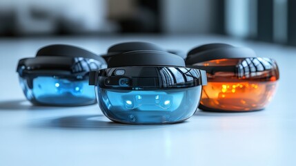 A collection of colorful augmented reality glasses on a sleek surface with modern lighting