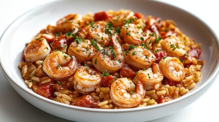 Delicious shrimp and rice dish featuring fresh shrimp, tomatoes, and herbs prepared in a vibrant kitchen setting