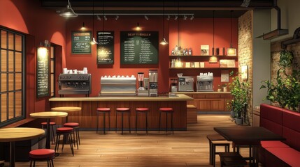 Cozy Cafe Interior With Warm Lighting, Wooden Floors, And Comfortable Seating.