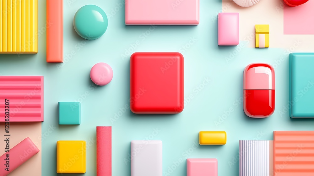 Aufkleber colorful geometric shapes and objects on a soft pastel background for creative design projects