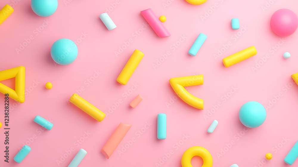 Poster colorful geometric shapes and objects on a soft pink background for creative projects and designs