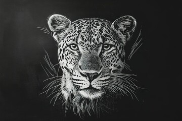 Obraz premium A leopard face front on, chalk sketch on black chalkboard background