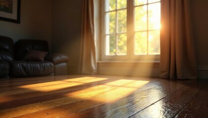 Light pours through window onto polished wood, beam, brightness, shine